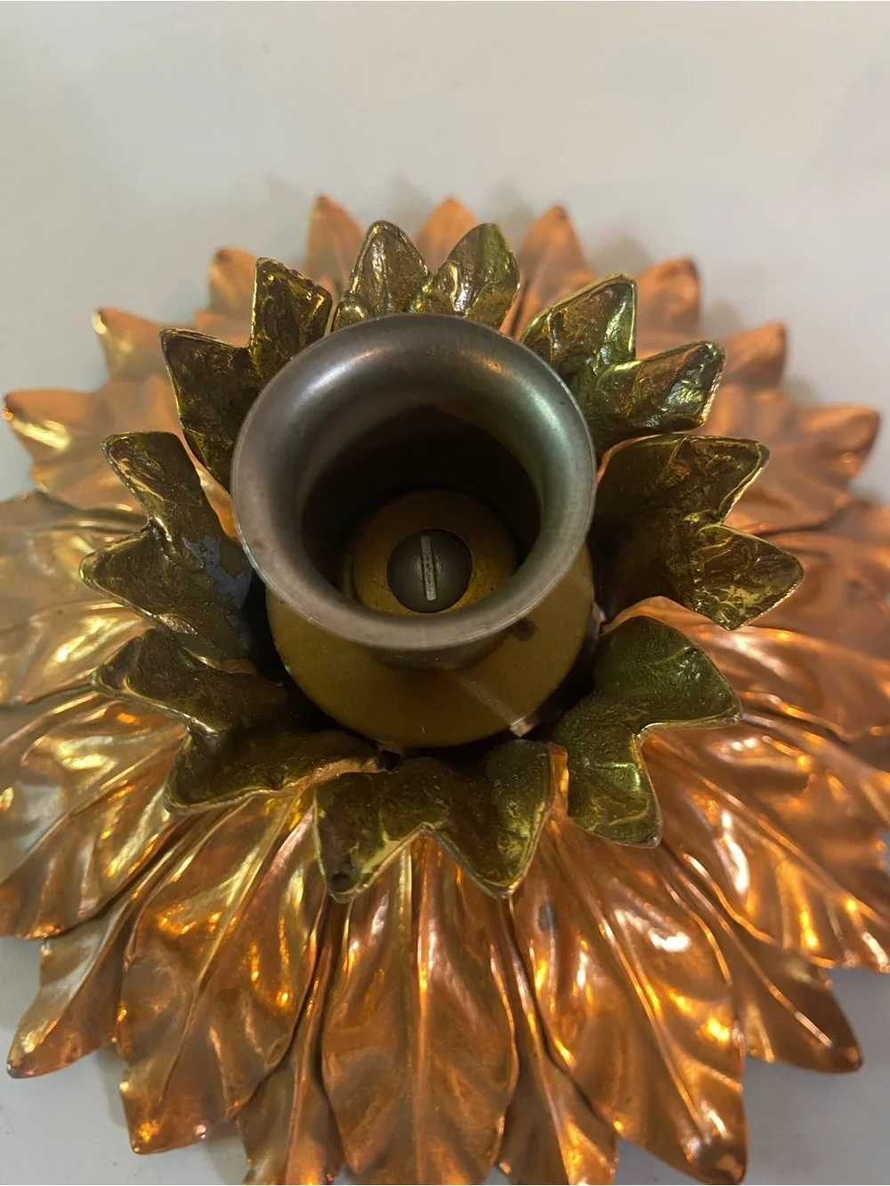 Vintage Heavy Brass Leaf Taper Candle Holder 6.5” Diameter